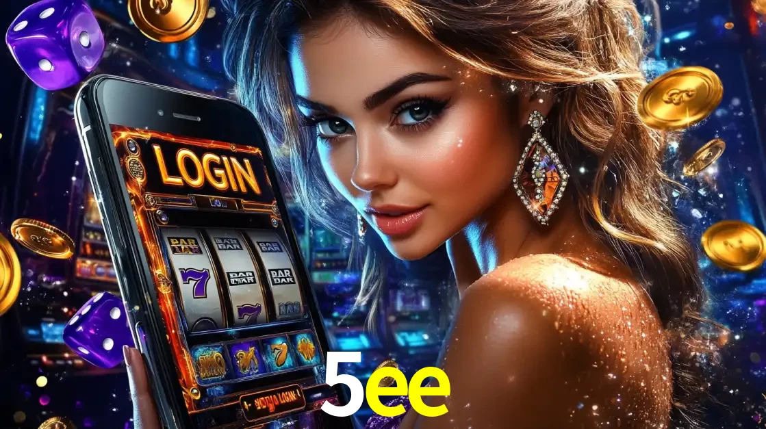 Mulher glamorosa segurando um smartphone com a tela de login para os jogos de caça-níqueis do cassino online 5ee, com moedas de ouro e dados ao redor.