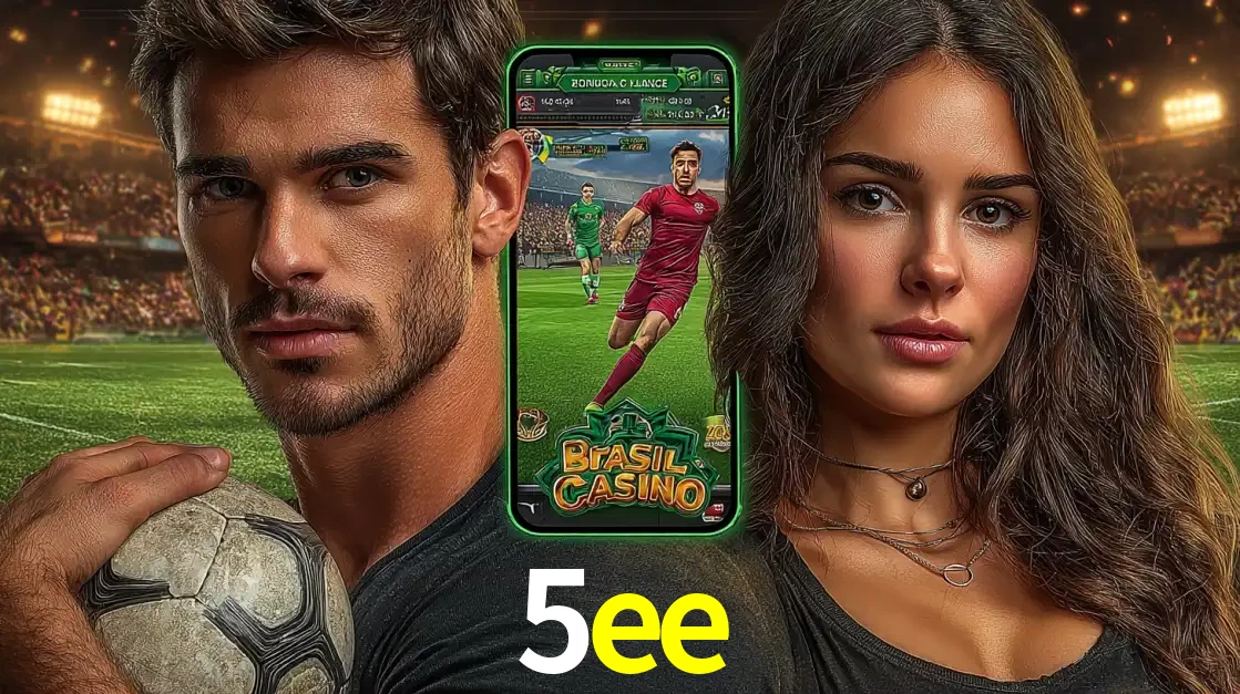 Homem segurando uma bola de futebol e uma mulher ao lado de um smartphone exibindo o jogo de apostas esportivas da 5ee. Faça seu palpite no cassino online.